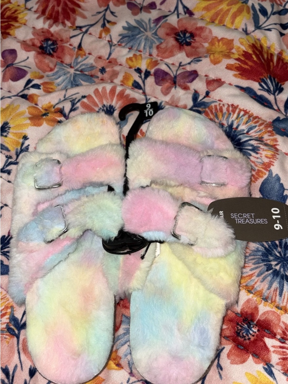 Secret Treasures Pastel Tie-Dye Fuzzy Slide Sandals - Pink Blue Yellow